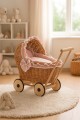 Wózek dla lalek wiklinowy | naturalny wózek pchacz z brudno-różową pościelą i miękką wyściółką
