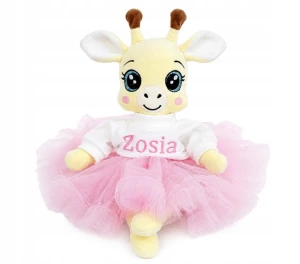 Maskotka personalizowana Żyrafka w białej bluzeczce i różowej spódniczce